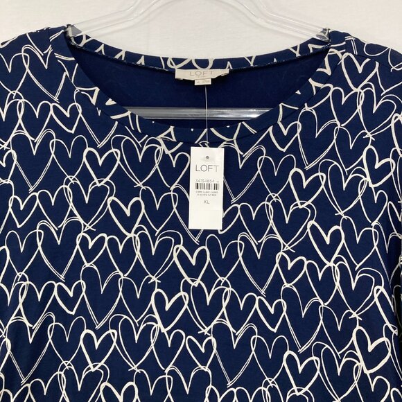 New LOFT size XL Navy White Heart Print Stretch Knit Novelty Long Sleeve Top - Picture 3 of 9